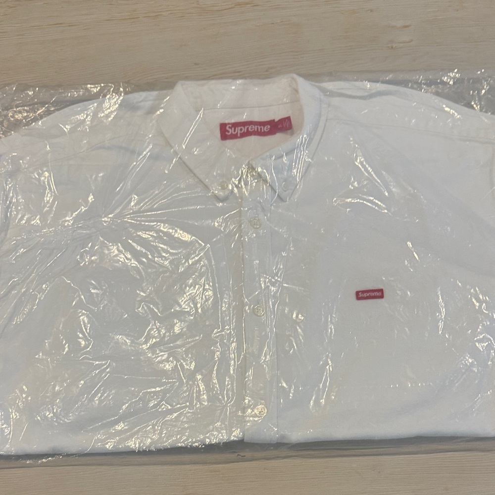 Supreme White Collared Shirt with Red Logo